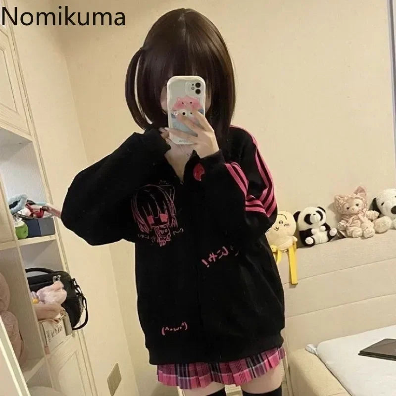 2025 Ropa Mujer Stand Neck Sweatshirts Women Clothing Long Sleeve Casual Anime Print Tops Fashion Japanese Oversized Y2k Hoodies