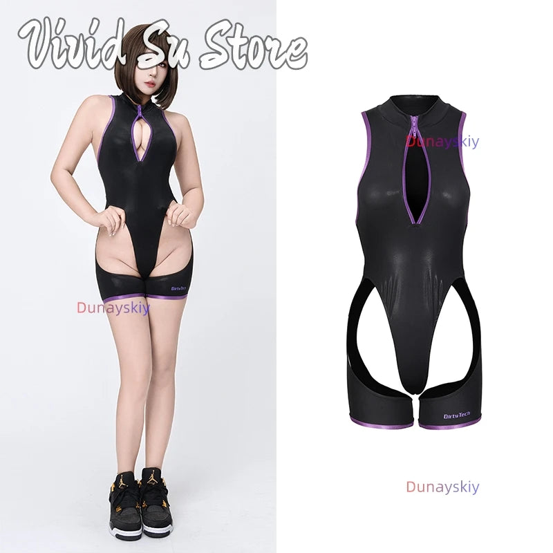 Anime Cospaly Swimsuit Costumes Hollow Out High Split Chest Zipper Hip Zentai Jumpsuits Sexy Women's Bodysuits Summertime Outfit