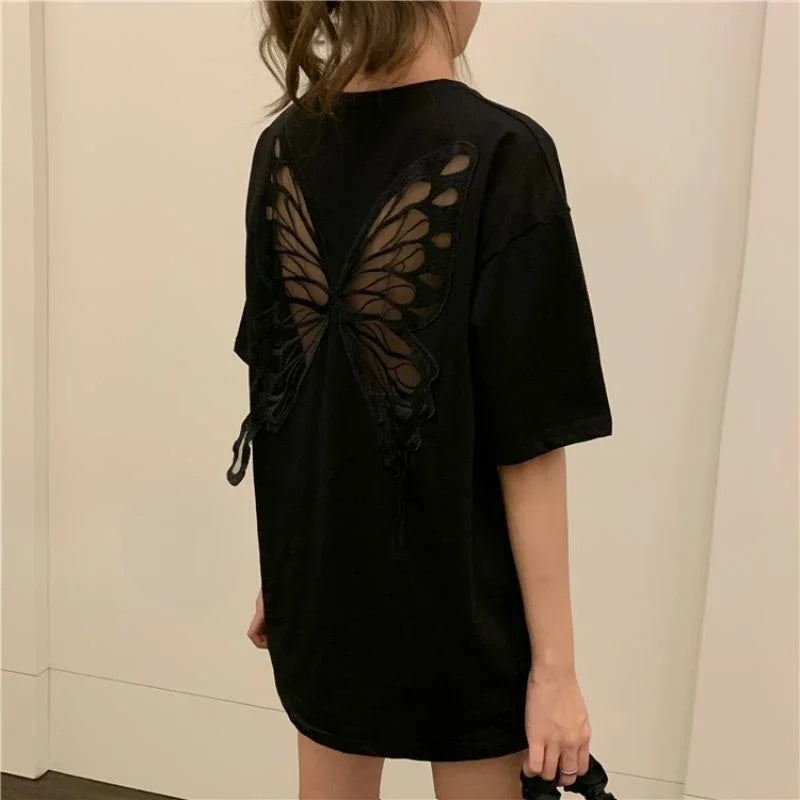 Women's T-shirt Mesh Cotton Female Top 90s Vintage Harajuku Fashion Korean Yk2 Goth Y2k Clothing Pulovers Youthful Clothes 2025