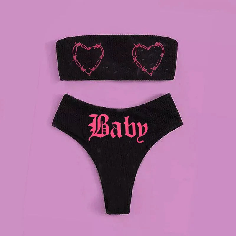 Gothic Bikini 2025 Women Skeleton Tube Top Bra Triangle Bottoms Swimsuit Split Bathing Suit Underwear Y2K Bikinis Punk Swimwear