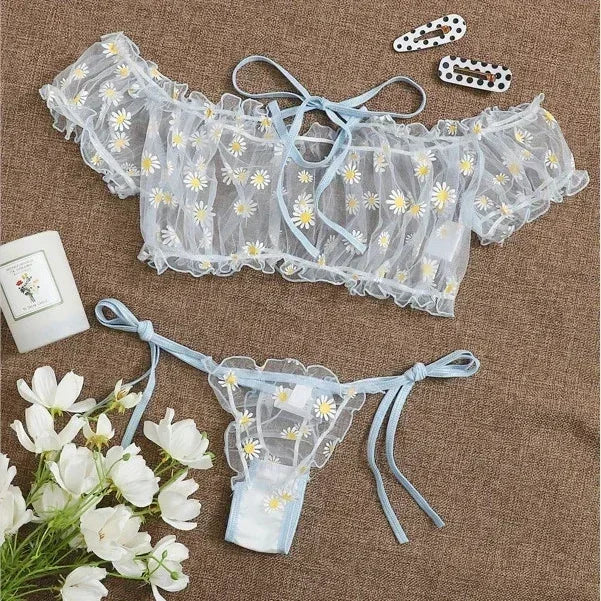 Ashburn Sexy Underwear Lace Lingerie Set For Women Off-Shoulder Small Chest Bralette+Thong Beachwear Transparent Bra Set New