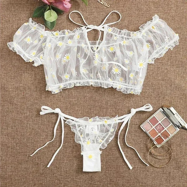 Ashburn Sexy Underwear Lace Lingerie Set For Women Off-Shoulder Small Chest Bralette+Thong Beachwear Transparent Bra Set New