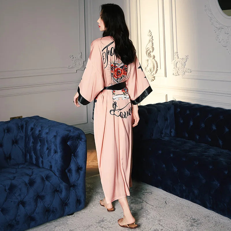 Oversize Long Robe Spring Summer Women Sleepwear Kimono Bathrobe Gown Sexy Satin Nightwear Nightgown Loose Home Dressing Gown