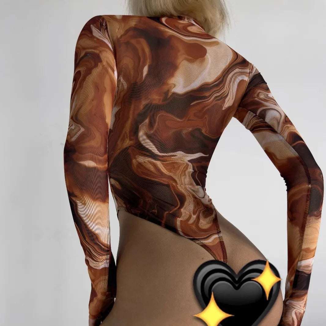 Sexy High Fork Tie Dye Print Bodysuit Women Long Sleeve Cyber Body T-Shirt Game Cosplay Jumpsuit Costume Mesh Transparent