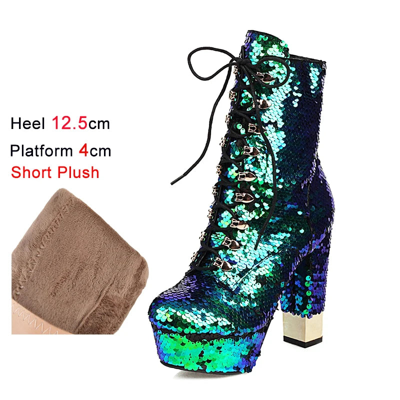Golden Short Boots Women Platform Heels Glitter Bling Round Side Zip Block Heel Shoes Gold Silver Green Size 34-43 Botas Mujer