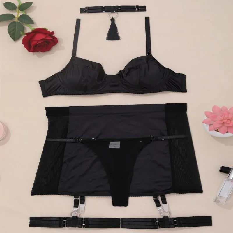 Toucheart Tight Mesh Underwear Set See-through Women's Underwear Butt-covering Solid Color Sexy Underwear Body Shaping Split Set