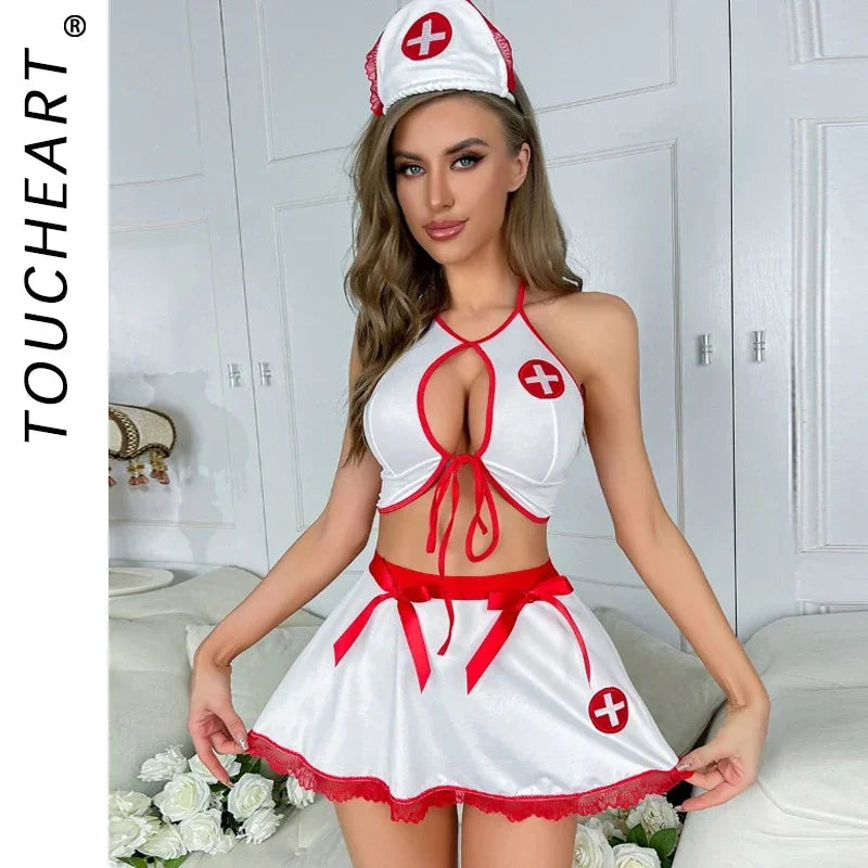 Toucheart Interesting Underwear Sexy Female Milk Silk Bow Knot Hollow Backless Nurse Uniform Lace Patchwork Sexy Lingerie Suit