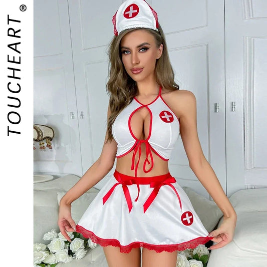 Toucheart Interesting Underwear Sexy Female Milk Silk Bow Knot Hollow Backless Nurse Uniform Lace Patchwork Sexy Lingerie Suit