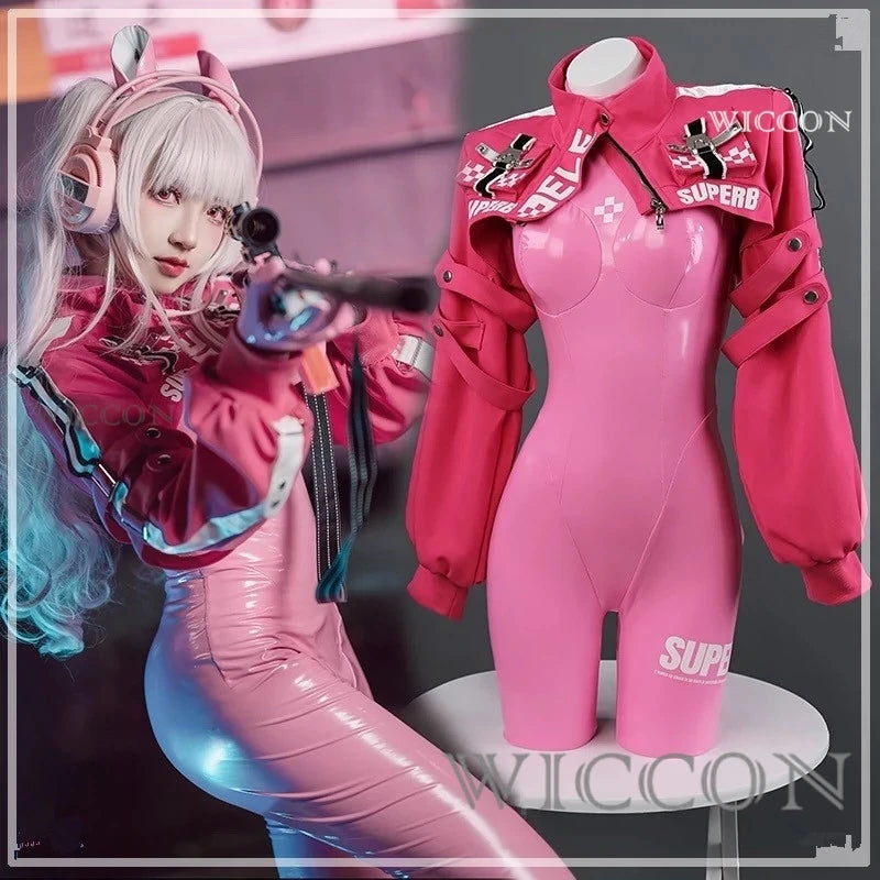 Game Nikke Alice Cosplay Costume Wig Shoes Sexy Latex Catsuit Bodysuit Pink Jumpsuit Jacket Suit For Women Girls Maillot