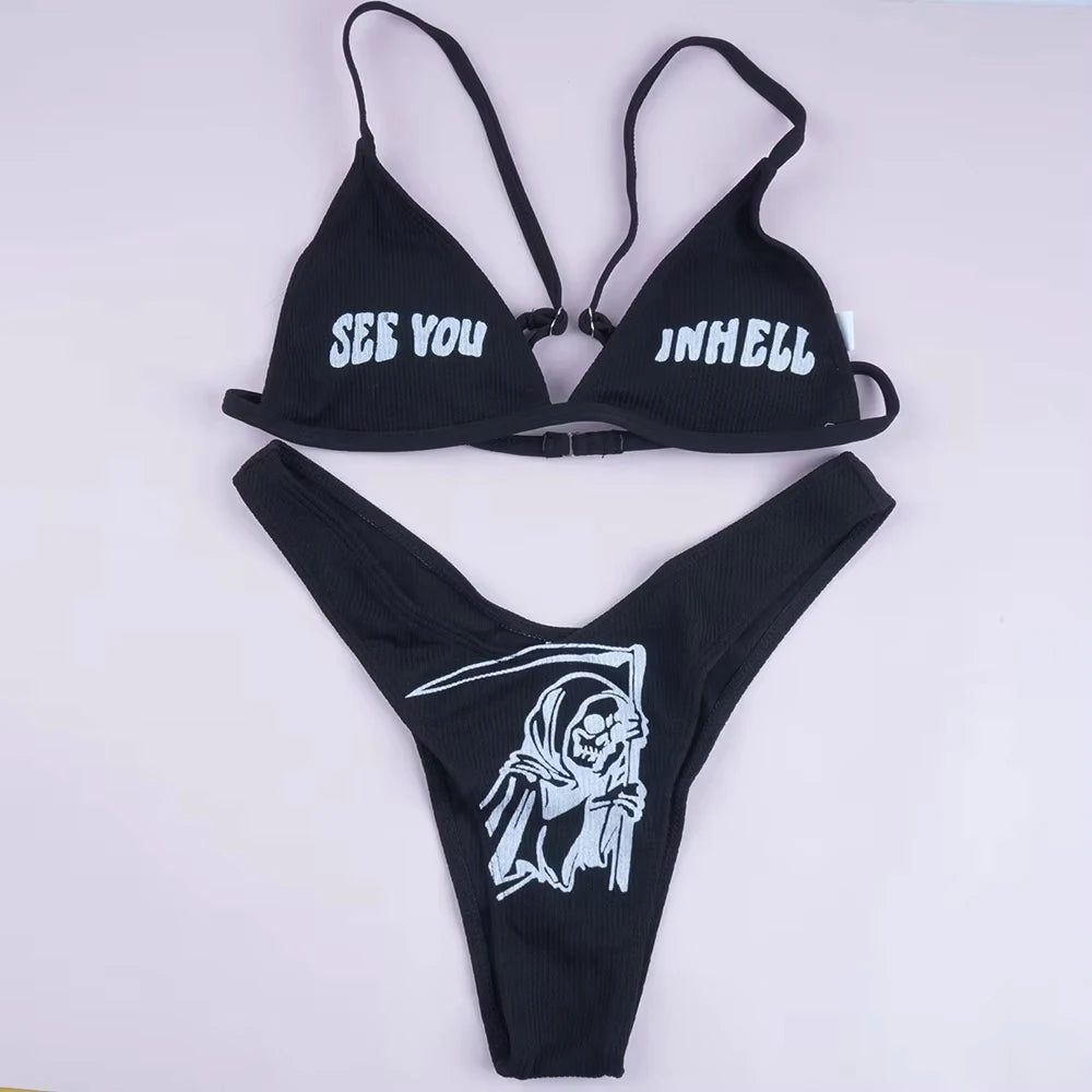 Gothic Bikini 2025 Women Letters Snake Print Bra Triangle Bottom Swimsuit Split Bathing Suit Underwear Y2K Bikinis Punk Swimwear