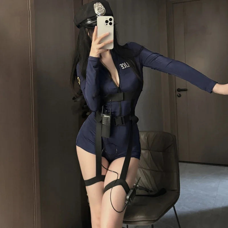 Sexy Lingerie Halloween Police Uniform Female Cop Sheath Dress Policewoman Outfit Roleplay Costumes Women Officer Hot Cosplay