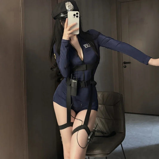 Sexy Lingerie Halloween Police Uniform Female Cop Sheath Dress Policewoman Outfit Roleplay Costumes Women Officer Hot Cosplay