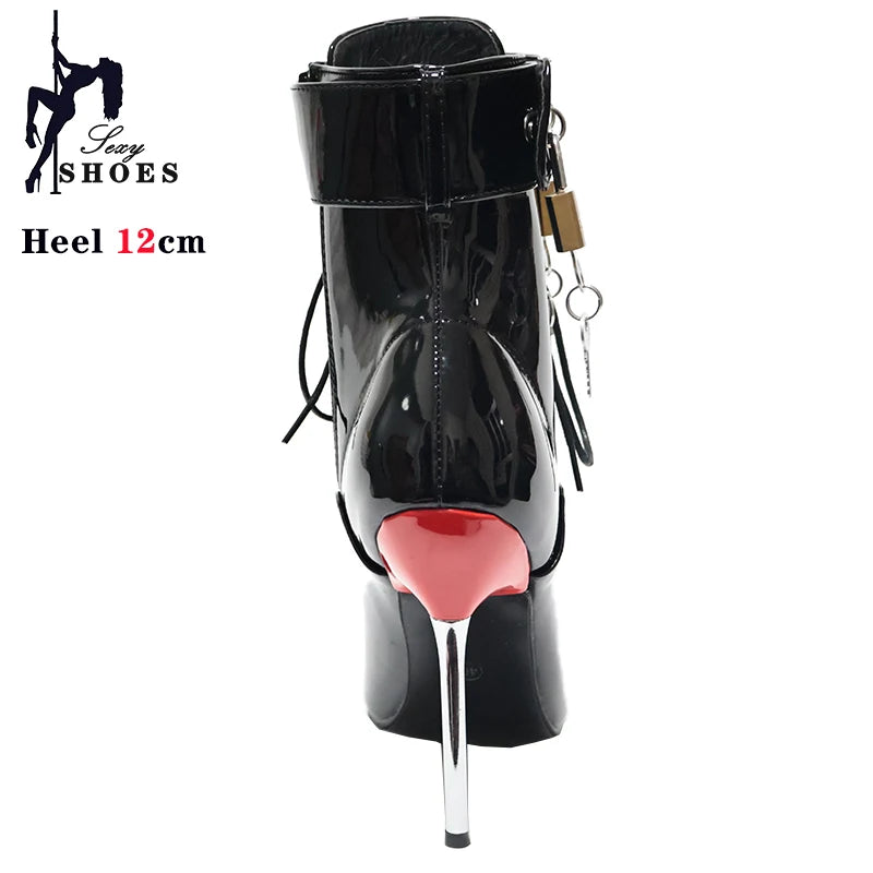 New High Heel 12cm Stilleto Sexy Ankle Boots Pointed Toe Two Lockable Padlocks Women Shoes T Show Thin High Heels Plus Size