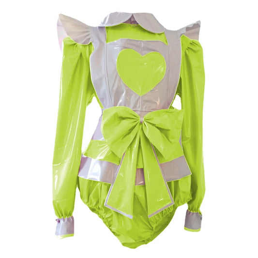 Long Sleeve heart Rompers Maid style with Big Bow Apron Spandex PVC Leather Cosplay Suits