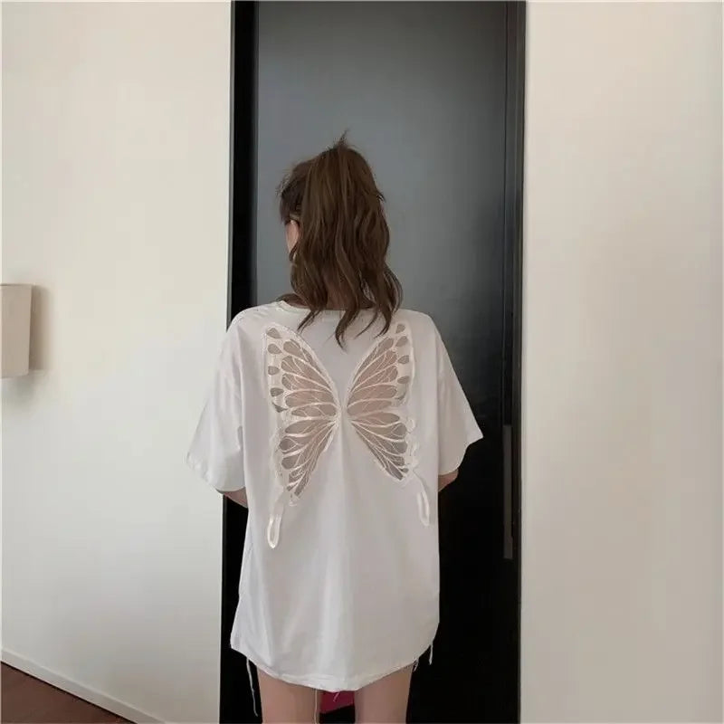 Women's T-shirt Mesh Cotton Female Top 90s Vintage Harajuku Fashion Korean Yk2 Goth Y2k Clothing Pulovers Youthful Clothes 2025