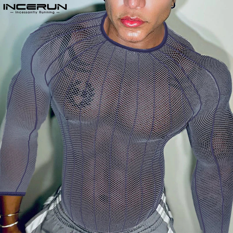 Party Nightclub Style Tops INCERUN Men's See-through Thin Design T-shirts Sexy Leisure Male Hot Sale Long Sleeved Camiseta S-3XL