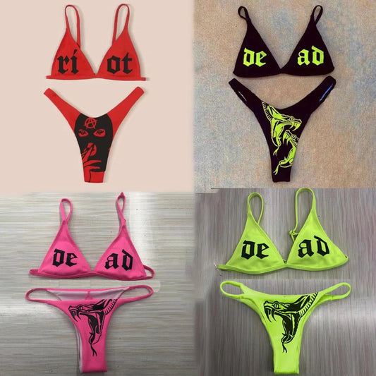 Gothic Bikini 2025 Women Letters Snake Print Bra Triangle Bottom Swimsuit Split Bathing Suit Underwear Y2K Bikinis Punk Swimwear