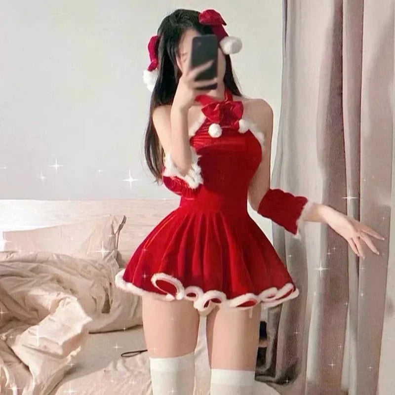 Sexy Backless Dress Women's Grade Hanging Pajama Red Christmas Cosplay Uniform Dress