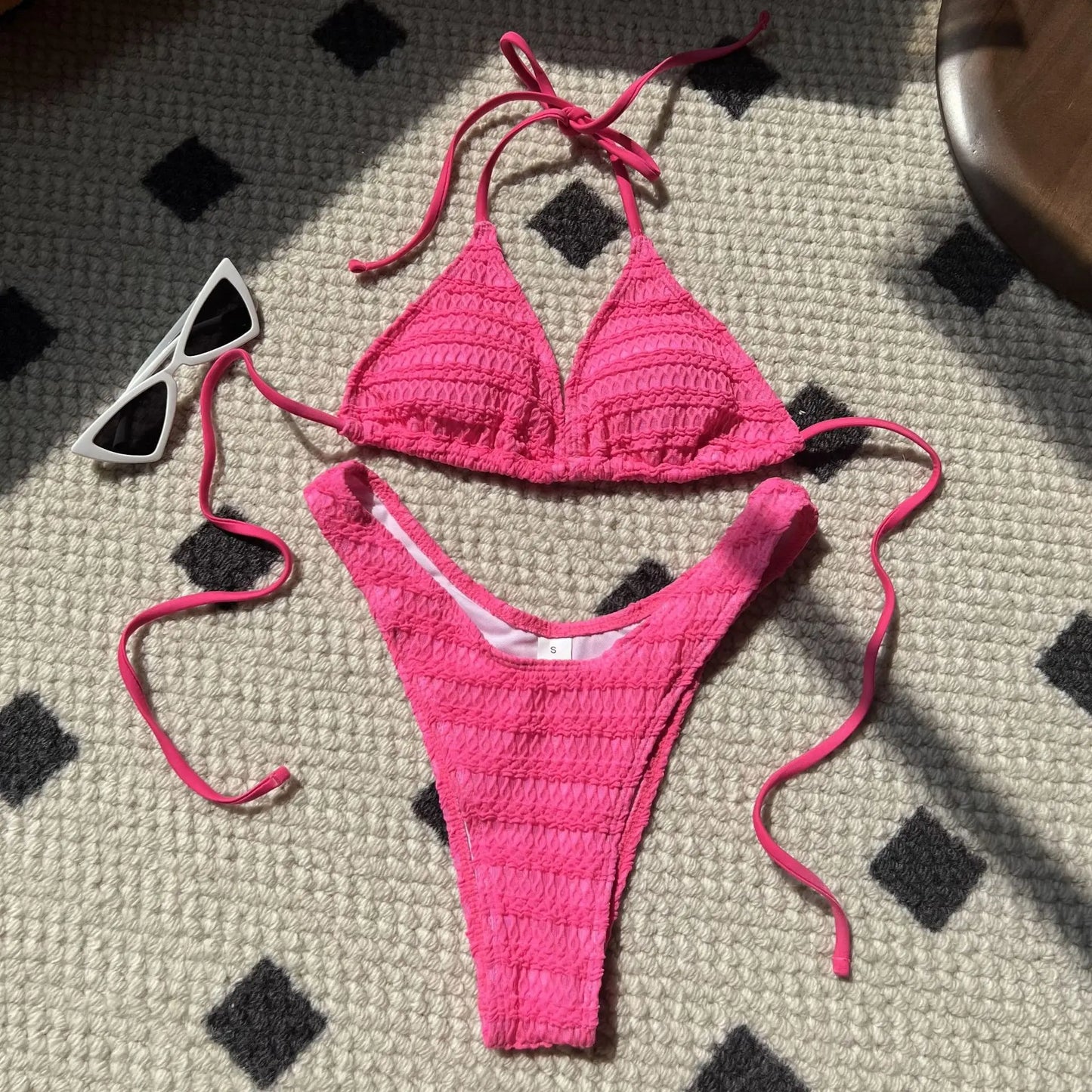 Melphieer Bikini 2025 Summer Lady's Clothes Beach Textured 2 Piece Bikini Set String Halter Ties Top High Leg Bottom VacayOutfit