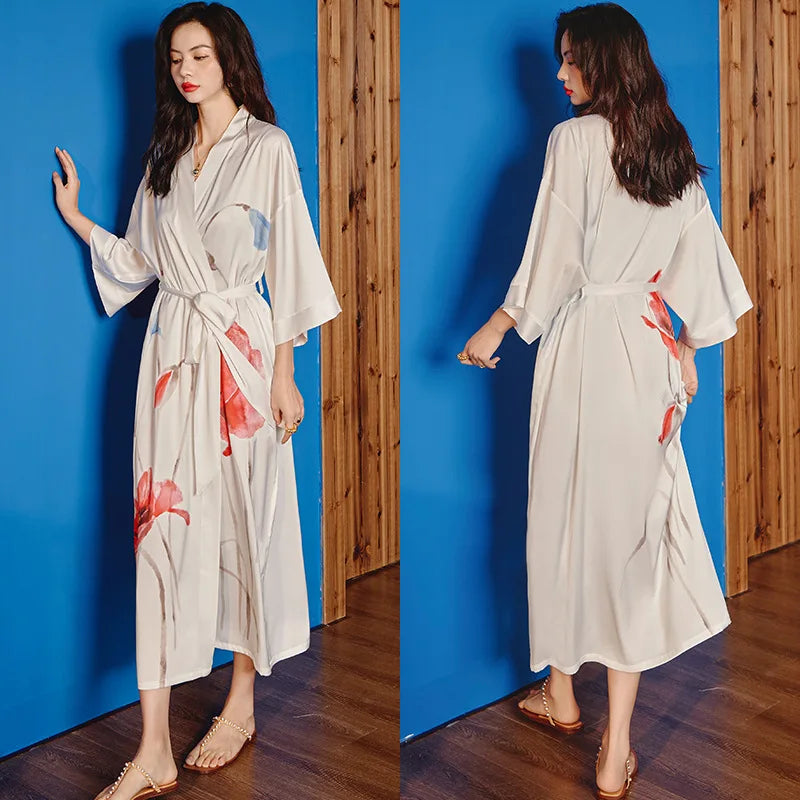 Oversize Long Robe Spring Summer Women Sleepwear Kimono Bathrobe Gown Sexy Satin Nightwear Nightgown Loose Home Dressing Gown
