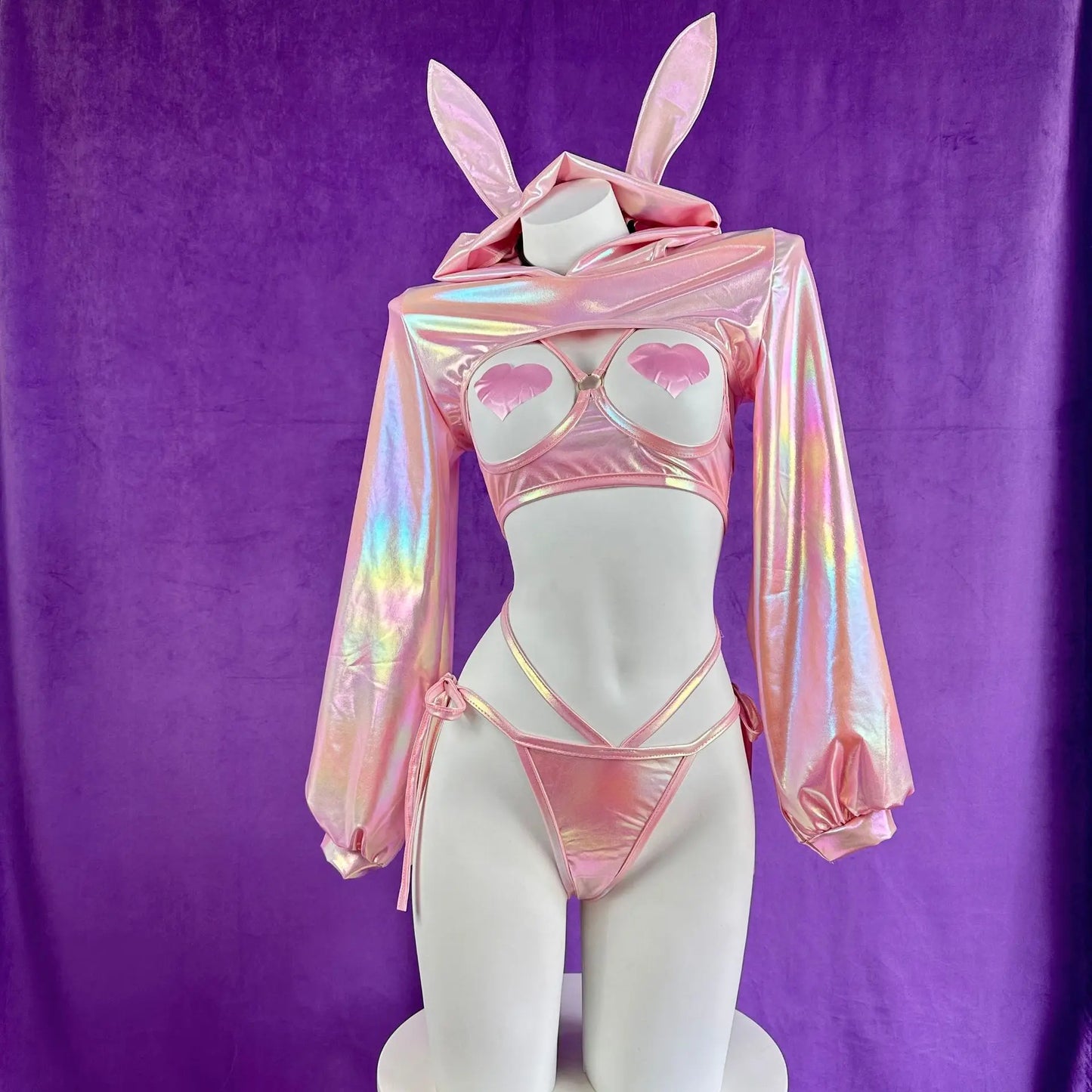 Sexy Lingerie Anime Bunny Girl Cosplay Pink Laser Patent Leather Bikini Rabbit Girl Shiny Halloween Underwear