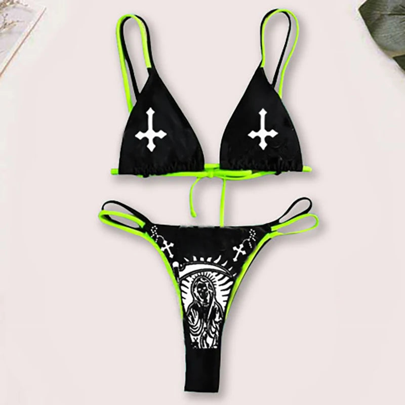 Sexy Gothic Bikini Women Cross Letter Print Bra Thong Swimsuit Split Bathing Suit Lace up Bikinis Funny Swimwear