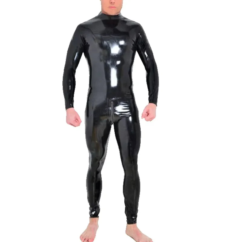 Latex Male Shoulder-zip Catsuit through-crotch zip Men Rubber Fetish Bodysuit Costumes Tight Jumpsuit Handmade
