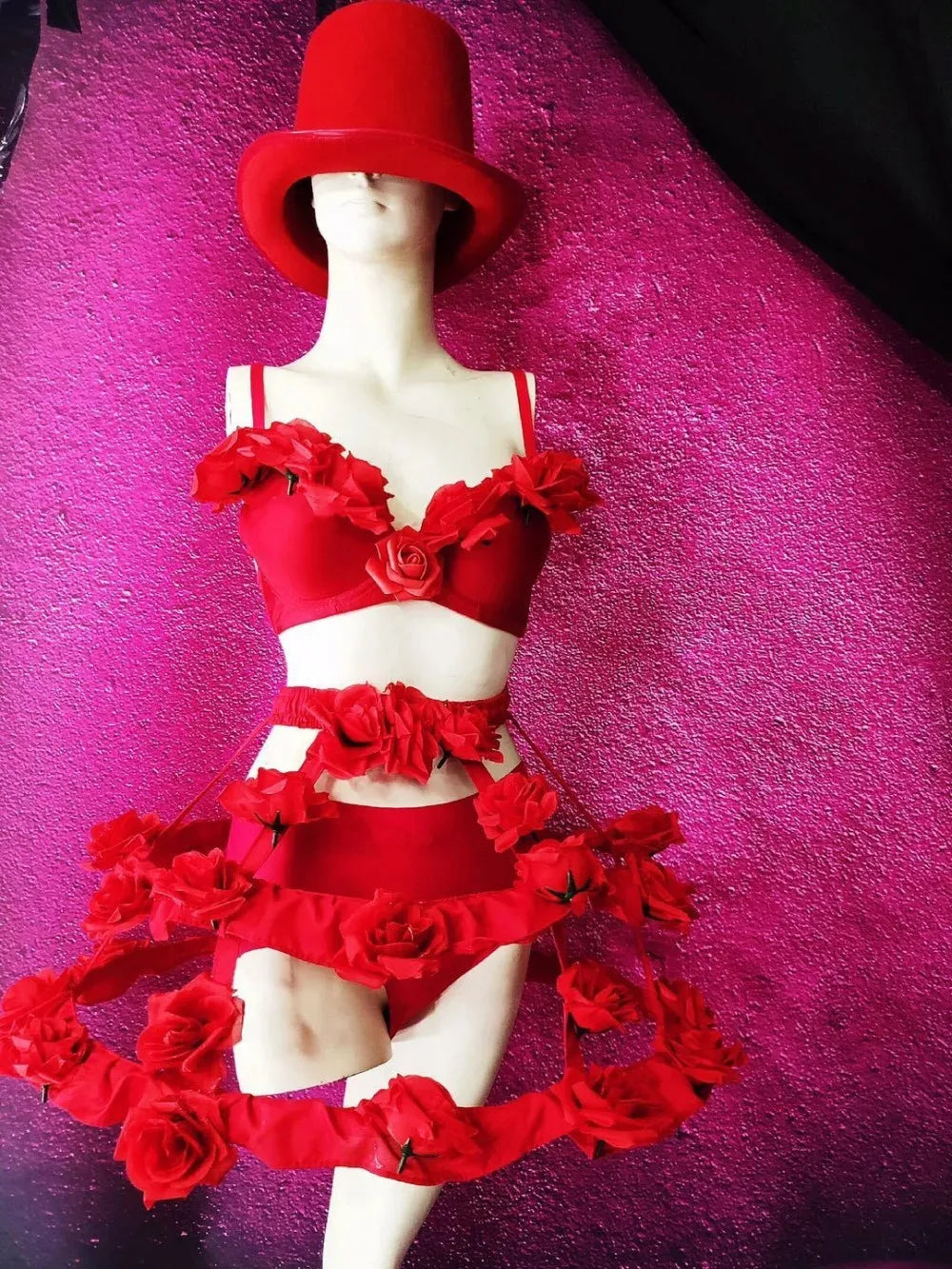 Valentine's Day Costume Red Rose Flower Tiered Skirt Dance Outfit Adult Carnival Party Bar Nightclub Performance Sexy Stage Wear