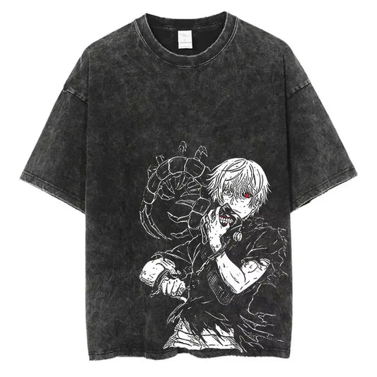 Vintage Black Washed Cotton Tees Shirts Anime Graphic Tshirts for Men Women Casual Short Sleeve Tops Cosplay Hip Hop Streetwear