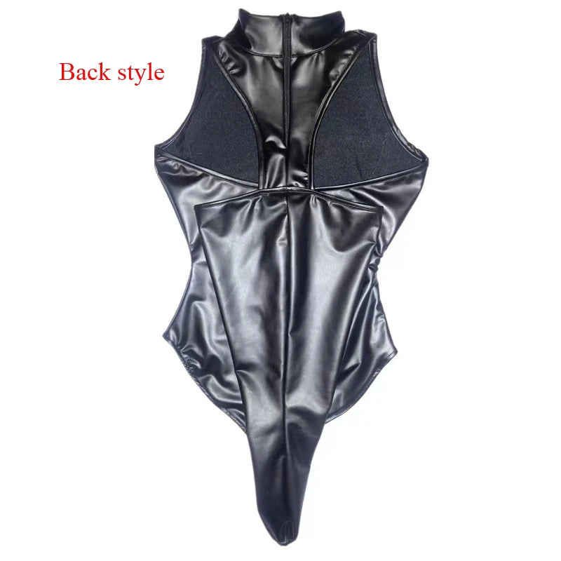 Women Sexy Game Cosplay Bodysuit Back Sleeve Bind Costume Anime PU Leather Maid Costume Uniform