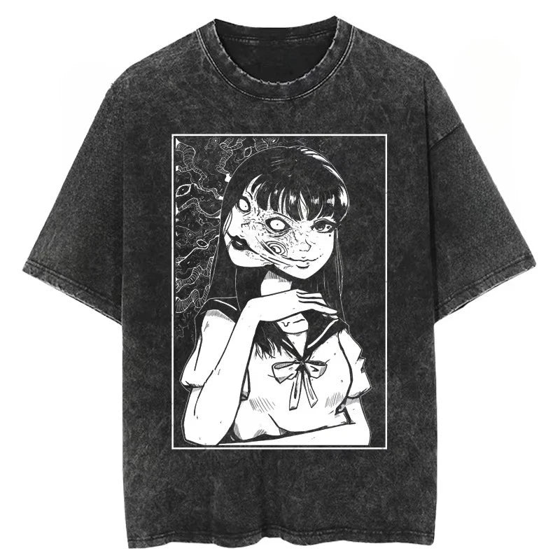 Anime Tomie Kawakami Junji Ito High-Street Washed Distressed Casual Sporty Light Luxury Men's Tees, Women's Short Tees & Couple