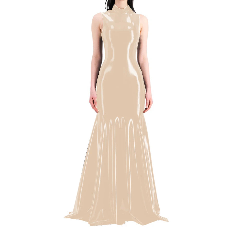 Women's Sleeveless Half High Neck Wet Look PVC Maxi Dress, Faux Latex Mermaid Floor-Length Dress, Party Club Fetish Outfit,