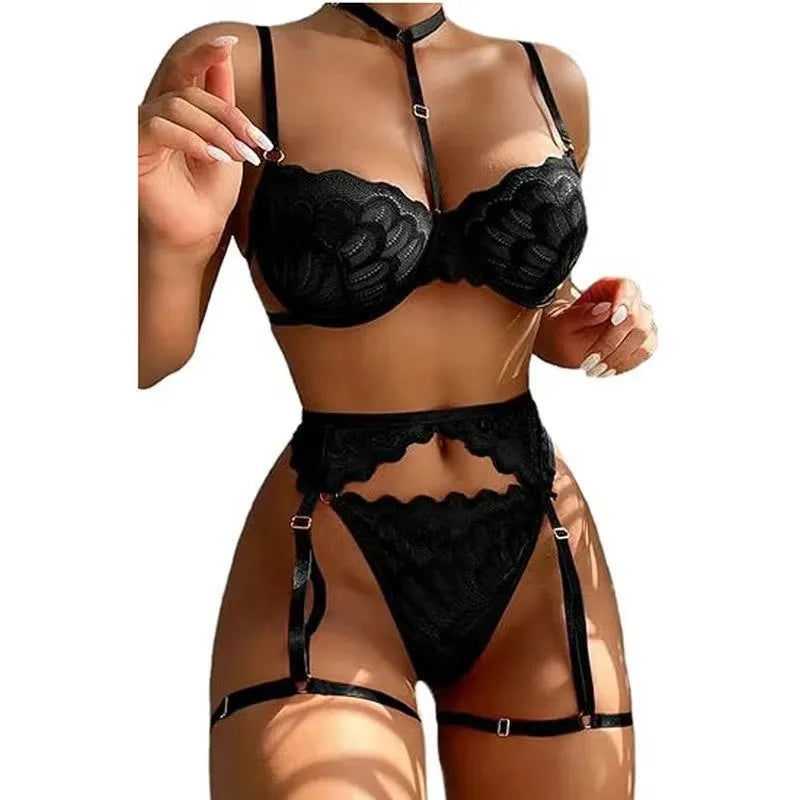 Toucheart Sexy Interesting Underwear For Women Halter Bra Garter Belt Girdle Suit Solid Color Mesh See-Through Sexy Lingerie Set