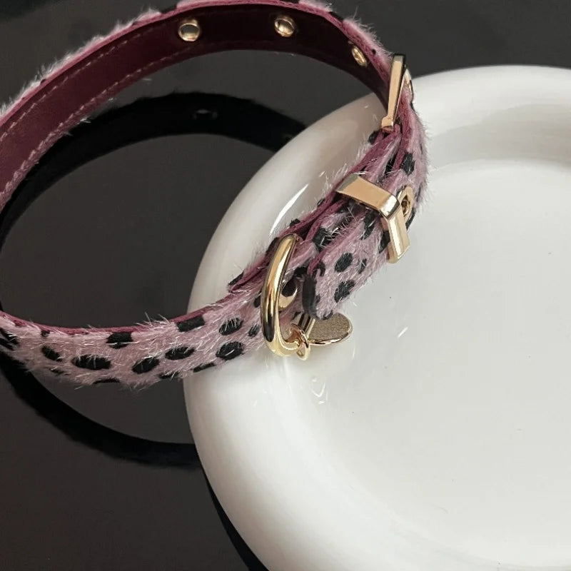 Y2k Sweet Cool Punk Puppy Footprint Tag, Leopard Pattern Horse Hair Choker Collar Leather Neck Belt Party Necklace
