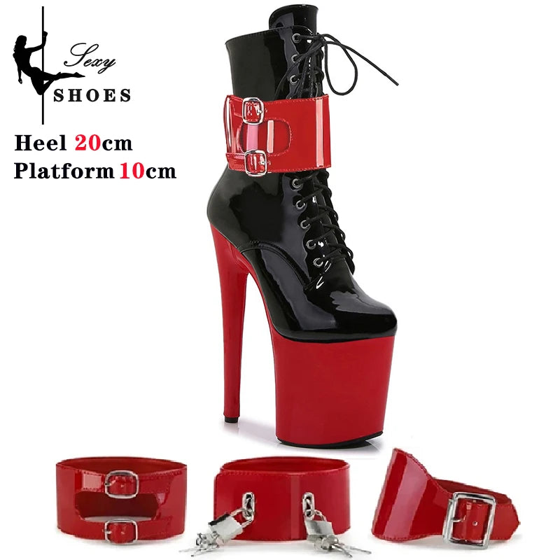 Sexy 20CM/8inches Women Ankle Boots Platform High Heels Strappy Fetish Stripper Shoes Lock Belt Buckle Pole Dance Models Boots