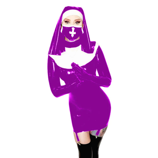 Sexy Nun Cosplay Long Sleeve Bodycon Mini Garter Dress Vinyl PVC Leather High Neck Nun Dress Outfit Halloween Nun Uniform Suit
