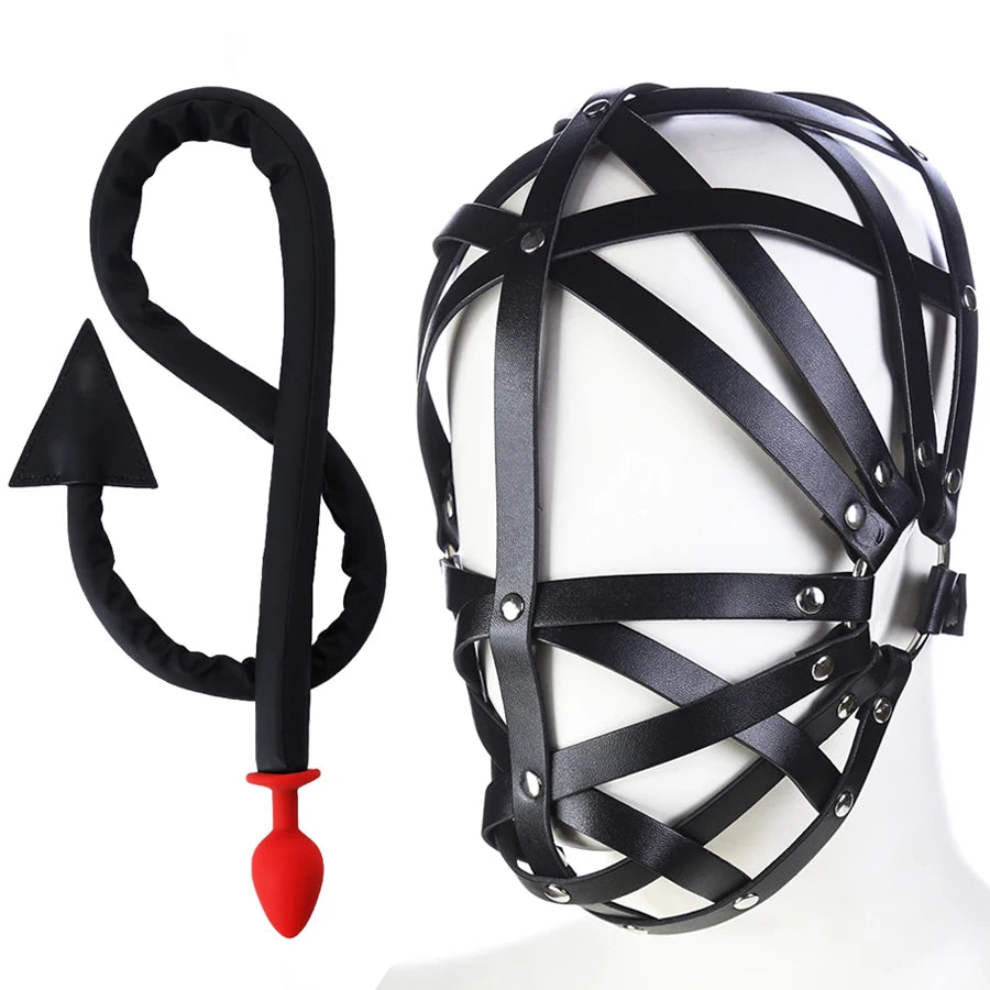 Bdsm Anonymous Mask Leader's Headgear Role Play Bondage Hood Adult Game Sexy Toy Devil's Tail Anal Plug Triangle Arrow Slave Whi
