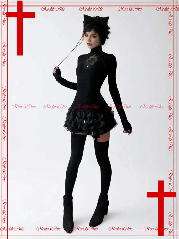 REDDACHiC Alt Goth Cross Decor Black Bloomers Retro Elastic Waist Tiered Ruffle Cake Pumpkin Shorts Panties Lolita Women Bottoms
