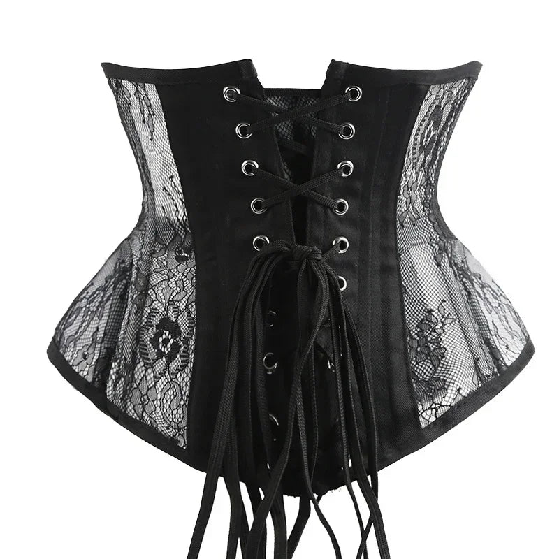 Waist Trainer Corset Top Plus Size Spiral Steel Boned Gothic Women Sexy Lace Mesh Body Shaper Underbust Bustier Black