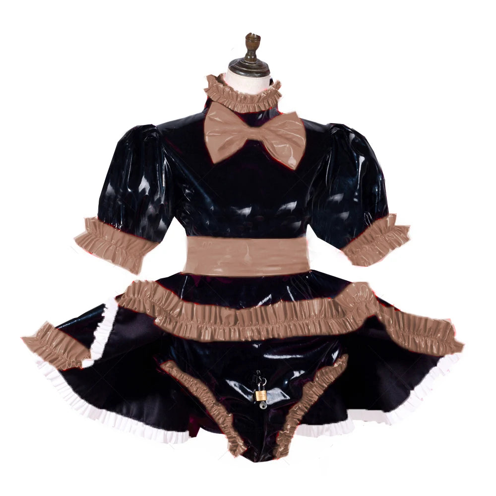 lockable dress Role Play Maid Dress with Apron Lockable Panties French Sissy PVC Short Sleeved Dress Lockable Uniform XS-7XL