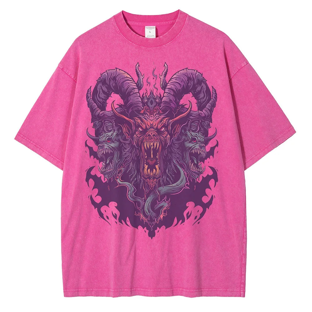 Cotton Distressed Batik Washed Graphic T-shirts Hell Demon Beast Printed T-shirt Drop Shoulder Vintage Oversized T-shirt 230GSM