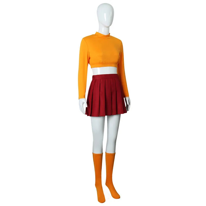 Anime Velma Seragam Cosplay Kostum Orange Short Skirt Uniform Wanita Oranye Kaus Kaki Rok Atas Halloween Party Carnival Set