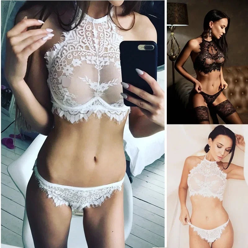 Sexy Lace Perspective Three-point Bra Set For Women Halter Full Chest Printing Bra Night Beautiful Sexy Women Sexy Lingerie New
