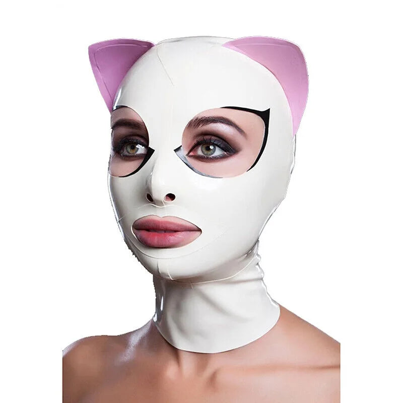 Adult Latex Hood Mask with Pink Cat Ears Back Zipper Rubber Head Mask Pretty Women Cosplay Costumes Props
