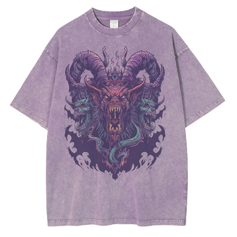 Cotton Distressed Batik Washed Graphic T-shirts Hell Demon Beast Printed T-shirt Drop Shoulder Vintage Oversized T-shirt 230GSM