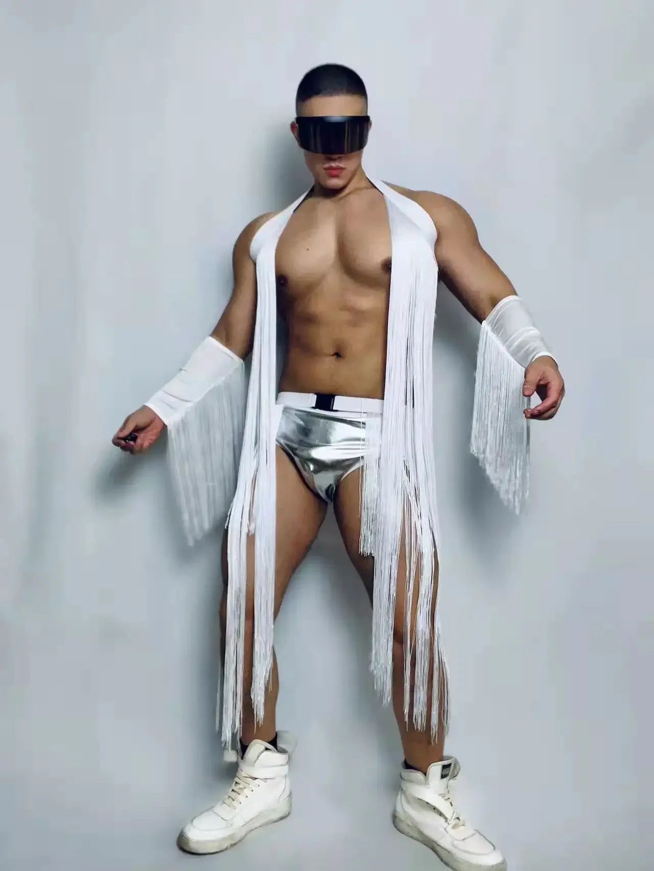 Male DJ Dancer Team Sexy Stage Wear Nightclub Bar Gogo Dance Costume White Tassel Festival Rave Outfits Club Party Rave Outfits