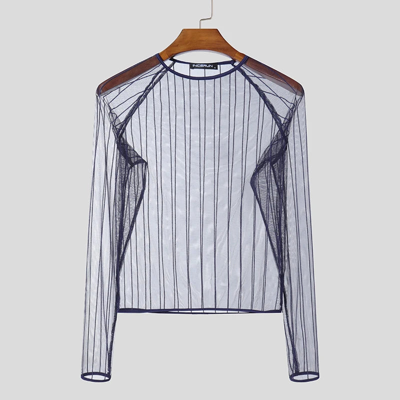 Party Nightclub Style Tops INCERUN Men's See-through Thin Design T-shirts Sexy Leisure Male Hot Sale Long Sleeved Camiseta S-3XL