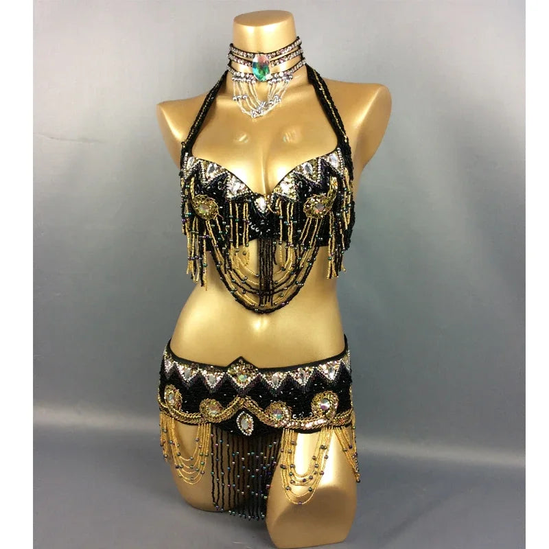 Sexy Belly Dance Costume Set Bra + Belt 2 Piece Set Belly Dancing Costume for Women's 34D/DD,36D/DD,38/D/DDD,40B/C/D,42D/DD