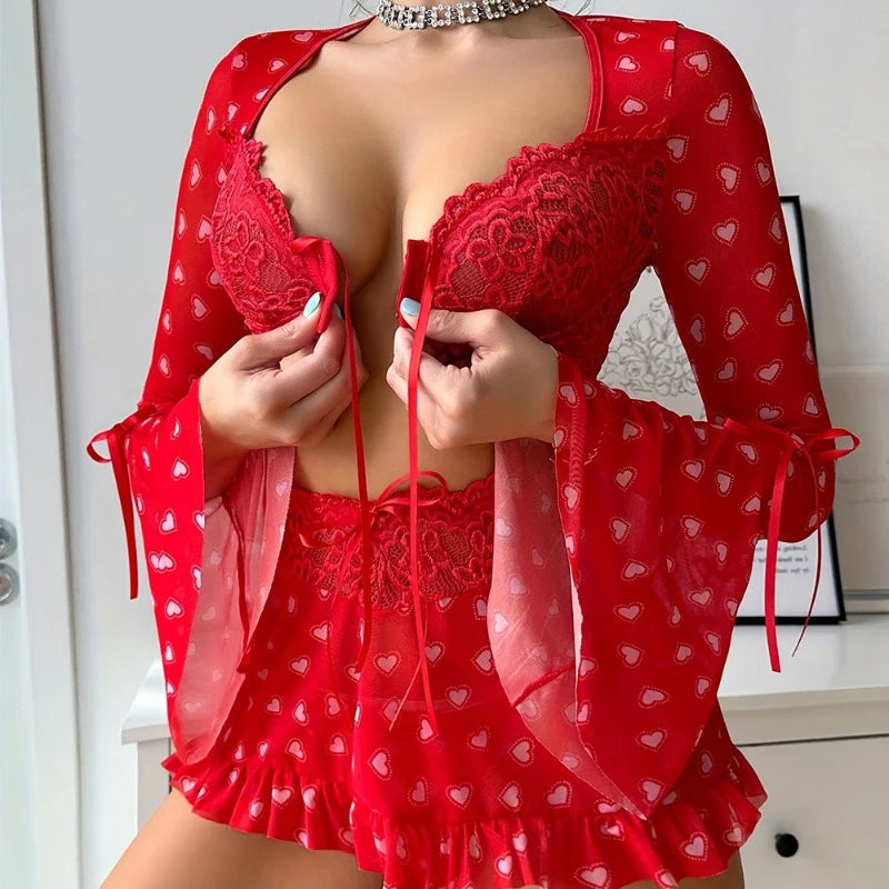 Ashburn 3 Piece Set See-through Sexy Lingerie For Women Red Love Bra Mesh Patchwork Ruched Lace Up Skirt Thong Sexy Suit New