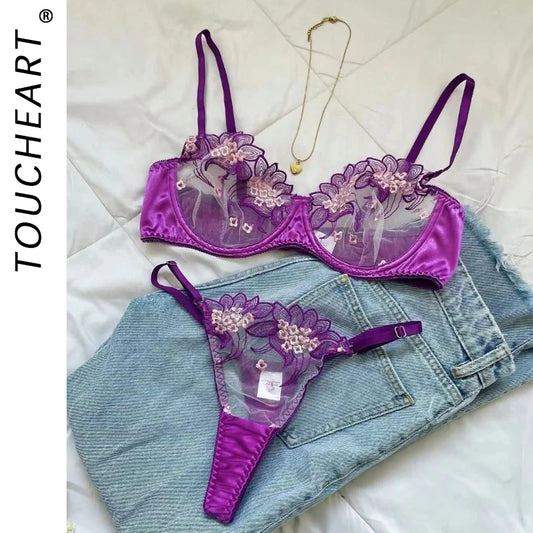 Toucheart Sexy Mesh Embroidery Underwear Set for Women Thin Push-up Anti-sagging See-through Bra Set Lace Sexy Lingerie Set New